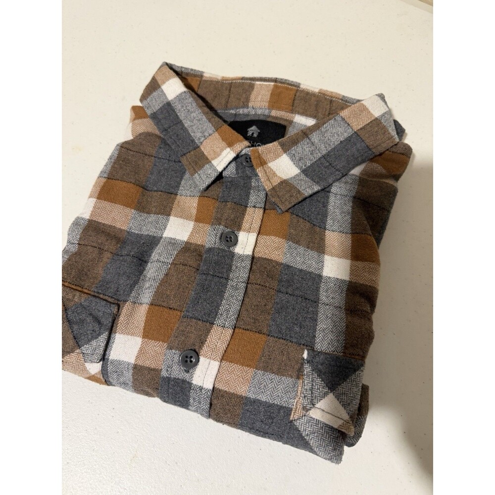 Shouthouse Mens XL Flannel Shirt Brown Gray Plaid Herringbone Button Up 2 Pocket